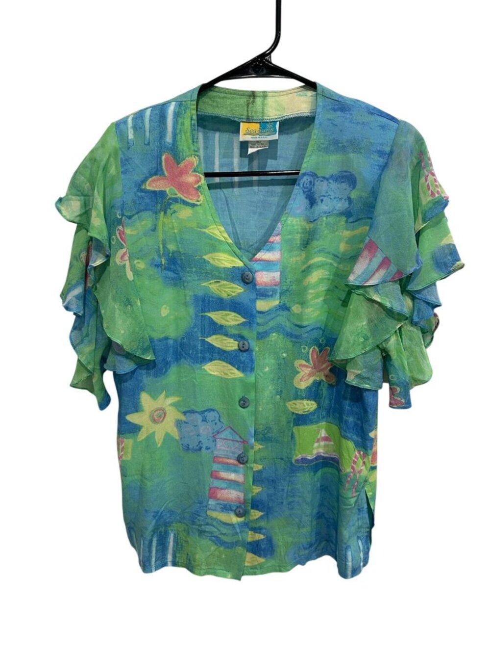 Sea Suns Blue Green Coastal Print Ruffle Sleeve Top Size PS Retro Whimsical Arts
